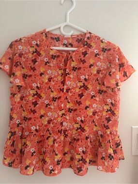 Floral Coral Peplum Short-Sleeve Top, sizes XS and L